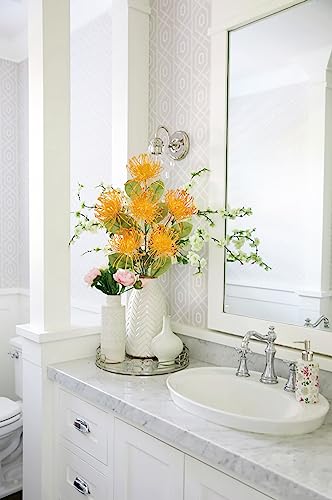 Hollyone 33" Orange-Yellow Artificial Mums Flowers Chrysanthemum Flowers 2Pcs Fake Spider Mum Flower Arrangement Faux Pincushion Flower with 3 Heads Long Stem for Party Centerpiece Bouquet Home Decor - color: Yellowish-orange