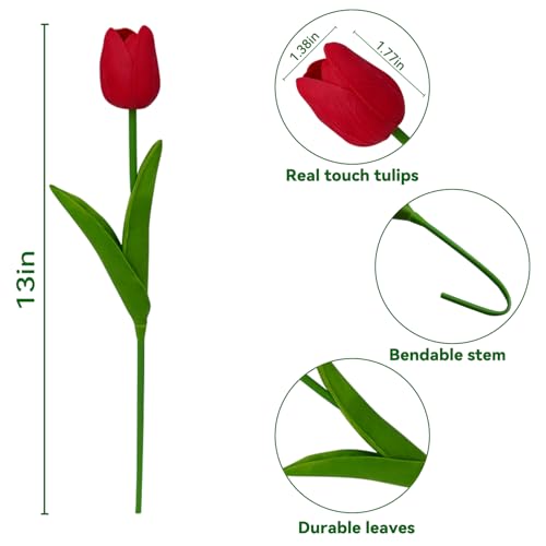 20pcs Red Tulips PU Artificial Tulips13 Inch for Mother's Day Easter Gifts in Home Kitchen Wedding Dining Table Decorations - color: Red