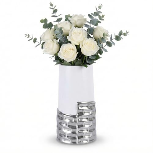 LCCCK 7.0" Silver Hammered Vase Home Decor, Elegant Ceramic White and Silver Flower Vase for Pampas Grass Decorative, Boho Small Cylinder Vases Centerpiece, Dining Table Living Room Jarrones Art - color: White and Silver
