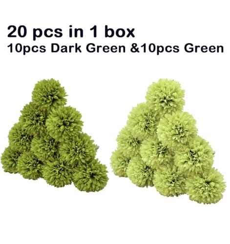 20Pcs Artificial Silk Chrysanthemum Ball Flowers Fake Mums Stem for St Patricks Day Arrangements Wedding Bouquets Home Kitchen Garden Table Floral Centerpieces (Dark Green&Green) - color: Dark Green&green