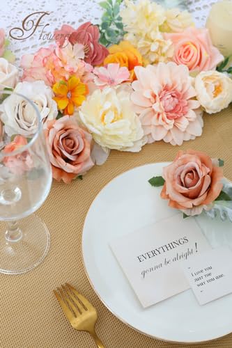 Floweroyal Artificial Flowers Combo Champagne Flowers Mix Silk Flowers Dahlia Roses with Stems for DIY Wedding Bridal Bouquets, Baby Shower, Floral Arrangement, Table Centerpieces, Home Decorations. - color: Champagne Pink