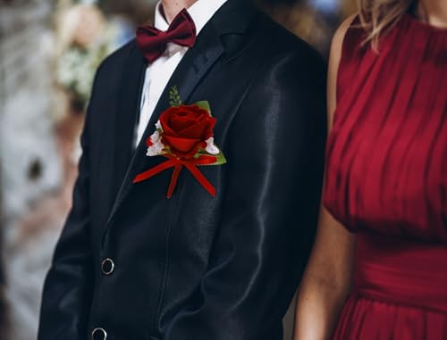 CherishedMoments Corsage and Boutonniere Set, Red Rose Handmade Artificial Flower Wrist Corsage and Groom Boutonniere for Men Wedding, Bridesmaid Hand Flower for Wedding,Prom Suit Decorations - color: Red