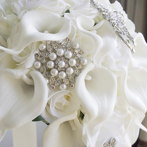 Ansuma White Calla Lily and Rose Cascading Bride Bouquet Waterfall Wedding Flower - Lily Rhinestone Jewelry Brooches and Satin Ribbon Décor (White) - color: White