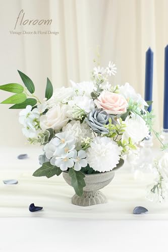 Floroom Powder Blue Ivory Artificial Flowers Fake Roses Dahlias and Greenery Combo Box Set for DIY Wedding Bouquets Bridal Shower Centerpieces Floral Arrangements Party Tables Home Decorations - color: Powder Blue