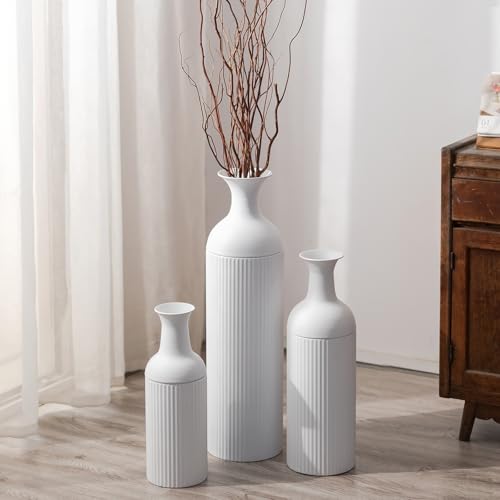Sziqiqi White Tall Floor Vase: Large Ribbed Metal Vases 27/20/16in for Living Room, Modern for Pampas Grass, Oversized Standing Vase for Fireplace, Home Corner, Hallway, Office - color: White