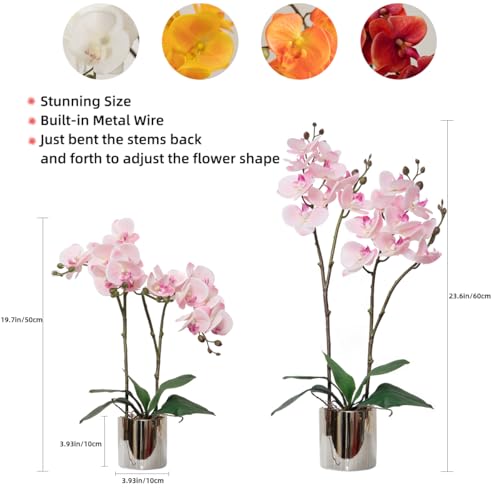 CXGS Artificial Orchid Flower Plant Real Touch Faux Orchids in Ceramic Vase Pink 19.7'' Fake Phalaenopsis Flower Arrangement Centerpiece Home Indoor Decor - color: Pink- Silver