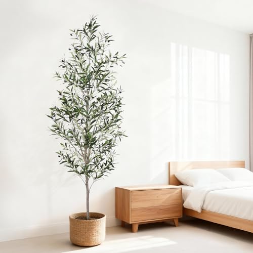Jocoevol Olive Tree, 7FT Artificial Indoor Tall Faux Olive Trees w/Planter & Natural Wood Trunk and Lifelike Fruits, Fake Olive Artificial Tree for Home Office Decor - size: 7ft