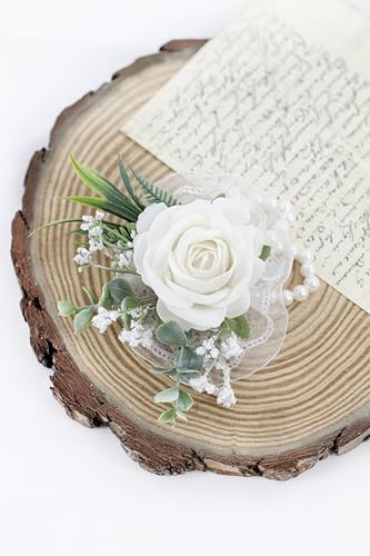 Ansofi Ivory White Corsage and Boutonniere Set Artificial Rose Flower Wrist Corsage and Boutineers for Groom Groomsmen Bride Bridesmaids Prom Rustic Vintage Wedding Decor - color: Ivory White