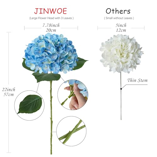 JINWOE Blue Flowers Hydrangea Artificial Flowers, 4Pcs 22" Large Lifelike Silk Artificial Hydrangeas, Full Fake Flowers for Bouquet Table Centerpieces Outdoor Wedding Indoor Home - color: Blue