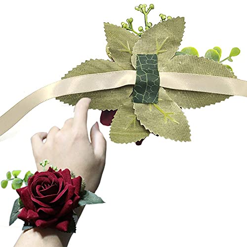 Arlai Wedding Prom Corsage and Boutonniere Set, Rose Wrist Corsage Ribbon Bracelet, Artificial Flower Christmas Wrist Corsage - color: Red Wine (1pc Wrist Corsage+ 1pc Boutonniere)