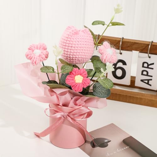 Crochet Flower Bouquet for Gift: Handmade Knitted Tulip Bouquet for Birthday Wedding Festival Valentine's Day Graduation Home Decor (Pink) - color: Pink