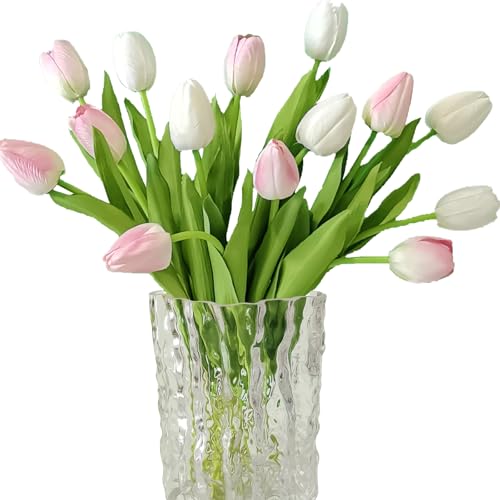 12pcs Tulips Artificial Flowers Real Touch Silk Faux Flowers Tulip Stems for Wedding Spring Bouquet Floral Arrangement Home Party Office Decorations (White & Pink) - color: White & Pink
