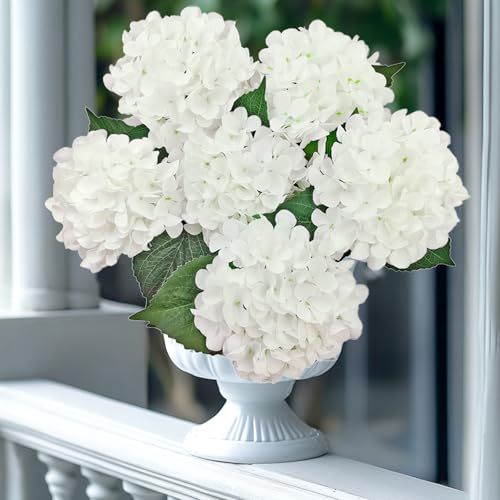 6PCS White Hydrangea Artificial Flowers, Bulk Silk Fake Flower with Stems, Faux Hydrangeas Bouquets for Home Décor, Wedding, Party, and Office Table Centerpieces. - color: White