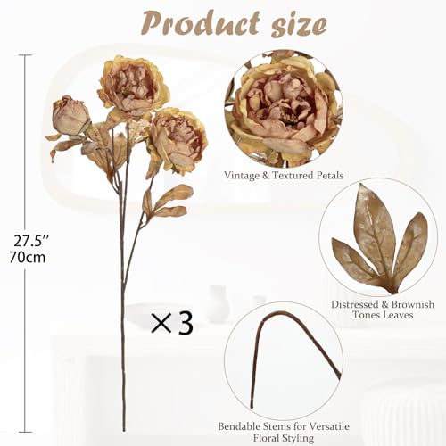 Briful Artificial Dried Look Fall Peony Flowers 3PCS 27.5in Tall Antique Gold Vintage Silk Peony Bouquet Realistic Fake Peonies Floral Stems for Autumn Home Wedding Vase Centerpiece Arrangement Decor - color: Antique Gold