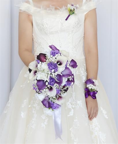 Purple White Wedding Bouquets for Bride Bridesmaid Artificial Flower Handheld Cascade Bridal Tossing Bouquet for Wedding Anniversary Bridal Shower Party Valentine's Day Party Decorations - color: Purple Bouquets
