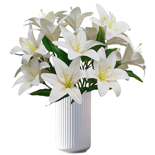 Ivory White Lilies Artificial Flowers,6 Pcs Faux Lily Flowers,23 Inch Long Stem Tiger Lily Branch with 3 Full Blooms and 4 Leaves, Latex Real Touch Lilium Flower for Wedding Bouquet - color: Ivory