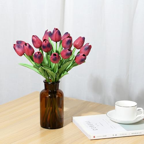 SITUMEIZI 15pcs Tulips Fake Burgundy Artificial Flowers Real Touch 14" PU Flower for Home Decor Easter Spring Wedding Bouquet Decorations Mother's Gift Day Floral Arrangements - color: Burgundy