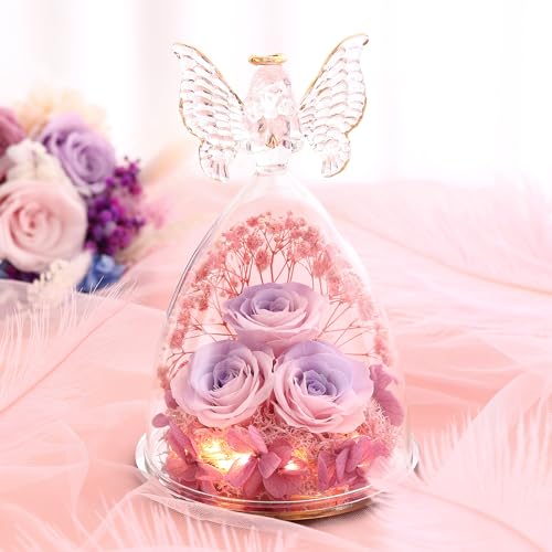 Mothers Day Mom Gifts for Women Preserved Flowers in Glass Angel Forever Flowers Gifts Eternal Roses Gifts for Grandma, PinkpurplePink - color: Pinkpurplepink