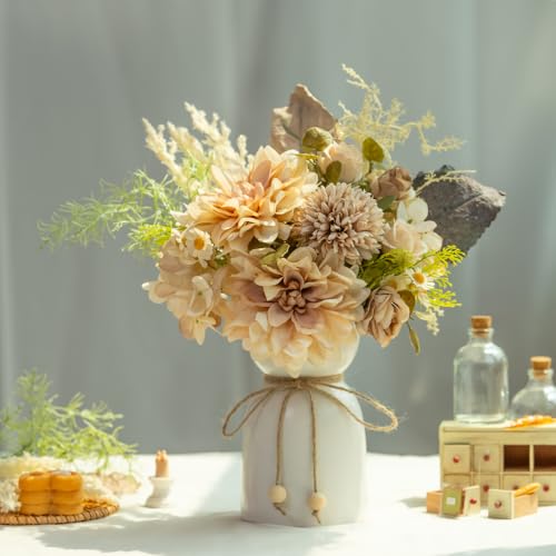 Fake Flowers with Vase Silk Dahlia Artificial Flowers in Vase Faux Hydrangea Flowers Arrangements with Vase for Home Office Decoration Dining Table Centerpiece (Coffee) - color: Coffee