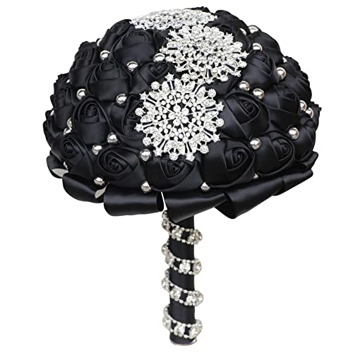 Black Bridal Wedding Bouquet with Luxury Silver Rhinestone Brooch Pearls Bouquet for Bride Bridesmaid Quinceanera Satin Rose Flower Bouquet Wedding Black 8.3in - color: ['Black'], size: Diameter: 8.3 inches