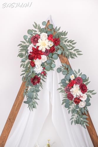 Arch Flowers with Drapes Kit (Pack of 3) for Wedding Ceremony Arbor and Reception Backdrop Decoration Wedding Welcome Signs Floral Birthday Party Decoration - color: Red Pink and Marsala