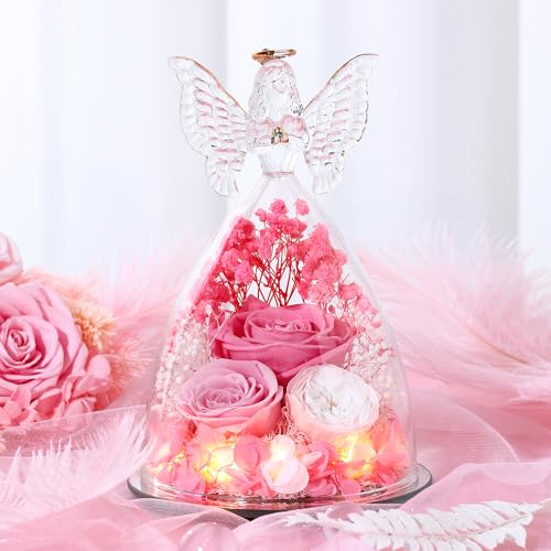 Mothers Day Rose Gifts for Women Preserved Real Flower in Glass Angel Figurines Roses for Delivery Prime Birthday Gifts for Mom Grandma Girlfriend Wife Her,Pink Austin Roses - color: Pink With Austin Roses