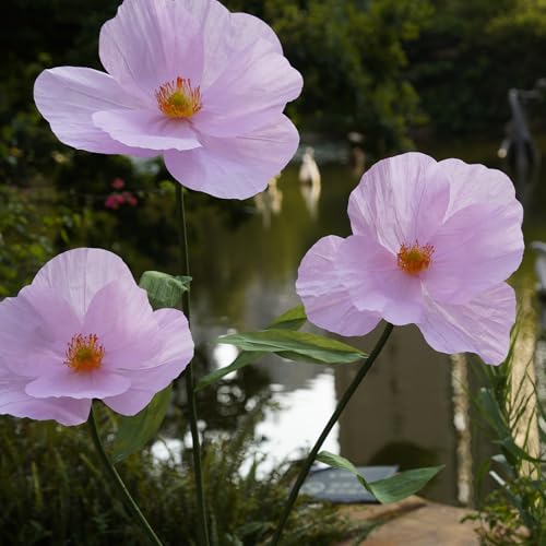 Large Paper Artificial Flowers,Giant Flowers for Decoration,Huge Handcrafted Poppy Fake Flowers with Stand for Home Decor Bridal Shower Party Outdoors Yard Event Backdrop Decor (Pink) - color: Pink