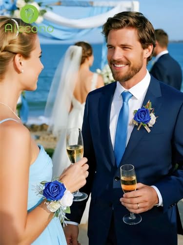 Alecono Navy Blue Corsage and Boutonniere Set, Rose Corsage Wristlet with Adjustable Ribbon and Boutonniere Supplies for Wedding Graduation Prom Flower Accessories Suit Decorations - color: Navy Blue, size: Corsage and Boutonniere Set