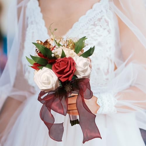 LEIFENY Wedding Bouquets for Bride, Burgundy & White Bridal Bridesmaid Flower with Silk Ribbon, Artificial Toss Rose for Civil Ceremony - color: Burgundy & White