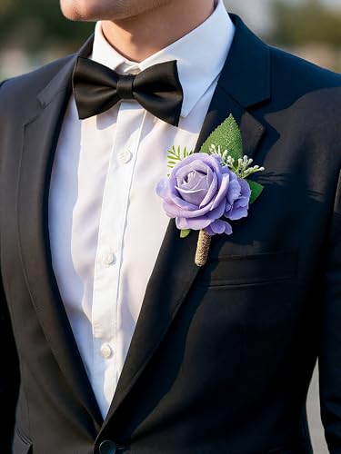 Purple Rose Corsage and Boutonniere Set Wristlet Corsage for Bride Bridesmaids, Boutonniere for Groom Groomsmen Prom Wedding Flowers Accessories,Homecoming, Anniversary, Graduation (Purple) - color: Purple