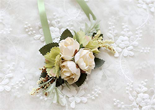 Rose Wedding Wrist Corsage and Boutonniere Set Party Prom Hand Ribbon Flower Suit Decor (Beige) - color: Beige