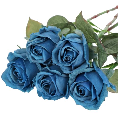Artificial Realistic Roses Blue Flowers 24" Real Touch Silk Roses Bouquet Long Stems Rose Fake Roses Decor for Home Party Wedding Table Centerpieces Roses Realistic - 5 Pcs - color: Navy Blue
