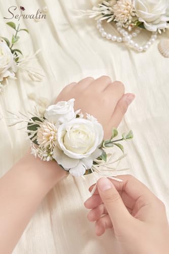 Serwalin 2 PCS White Wrist Corsage for Wedding, Corsages Wristlet for Bridesmaid Mother Grandmother Girl, Artificial Flowers for Prom Ceremony Homecoming Anniversary - color: A White, size: Corsage 2pcs