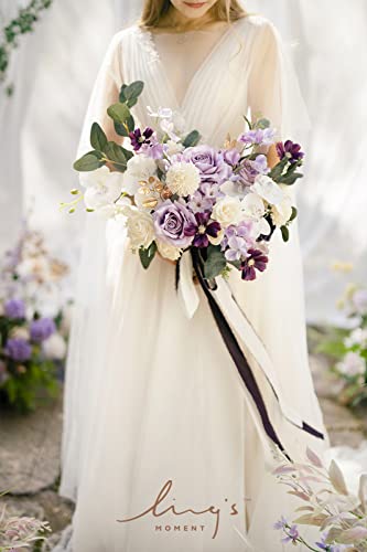 Ling's moment Purple Bridal Bouquet, 15 Inch Lilac Wedding Bouquets for Bride, Silk Free Form Bridal Bouquets for Wedding, Ceremony, Anniversary, etc. - color: Prpl-gold & Lilac, size: Medium 15 Inch