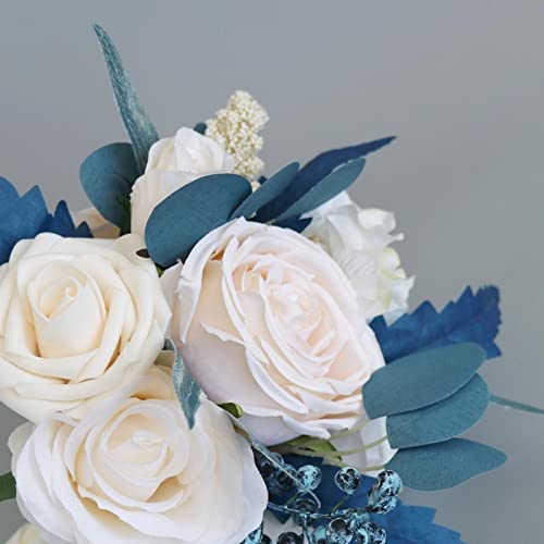 MOJUN Set of 2 Bridesmaid Wedding Bouquets, Artificial Rose Dusty Blue Flowers for Bride, Romantic Valentine's Day Party - color: Dusty Blue Bouquet B 2pack