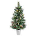 GOFLAME 3FT Prelit Artificial Entrance Christmas Tree, Indoor Outdoor Potted Xmas Tree with 20 LED Lights, Flocked Pine Needles, Eucalyptus Leaves, Red Berries, Pine Cones, 8 Light Modes, Timer - color: Green