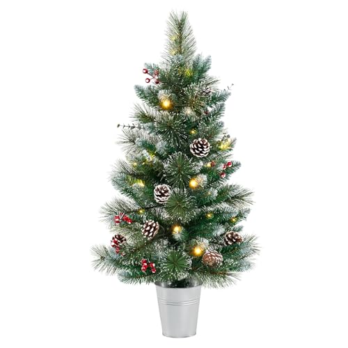 GOFLAME 3FT Prelit Artificial Entrance Christmas Tree, Indoor Outdoor Potted Xmas Tree with 20 LED Lights, Flocked Pine Needles, Eucalyptus Leaves, Red Berries, Pine Cones, 8 Light Modes, Timer - color: Green