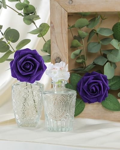 DuHouse 50Pcs Artificial Roses Flowers Fake Roses with Stems Real Touch Foam Flowers for DIY Wedding Bouquet Centerpiece Floral Arrangement Party Home Decor (Dark Purple) - color: Dark Purple, size: 50pcs