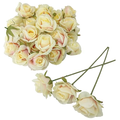 ATFL Artificial Satin Rose Flower Heads,42 Pcs Silk Rose Heads with Stems,3.3'' Rose Artificial Flowers Bulk,Artificial Rose Flower Heads for DIY Crafts Bouquet (42, Champagne) - color: Champagne