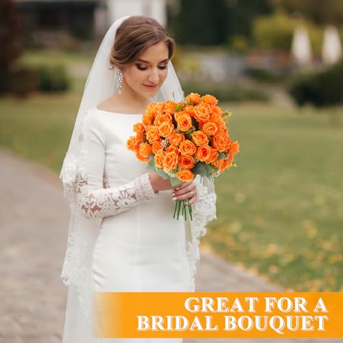 Zeyune 8 Pack Artificial Mini Orange Roses, 12 Inch Fake Flowers with Stems, 80 Small 1.6 Inch Flower Heads, Silk Mini Rose Bouquets for Wedding Centerpieces, Bridal Bouquets, Home Party Decor - color: Orange