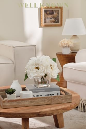 Artificial Peonies Flowers Arrangement in Cube Glass Vase, WELLKNOWN Ivory White Silk Flowers Centerpiece for Home Party Wedding Dining Coffee Table Decor, Faux Peony Flower Bouquet with Fake Water - color: Ivory White