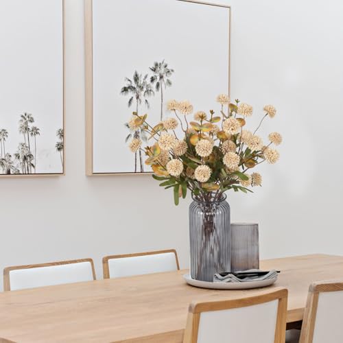 8 Stems Faux Kiku Flower with 3 Branches Eucalyptus Stems,Beige Fake Chrysanthemum Flowers Artificial Silk Pom Pom Balls for Wedding Bouquet Home Office Party Floral Arrangements(Beige) - color: Beige