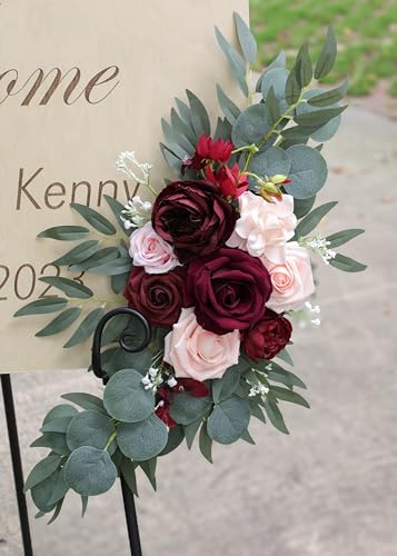 ponatia Wedding Arch Flowers (Pack of 2), Artificial Burgundy Wedding Flowers for Wedding Welcome Signs Decorations and Arch Flower for Wedding Ceremony Reception (Burgundy & Blush) - color: Burgundy & Blush