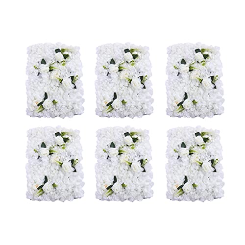 OUKANING 6 PCS Artificial Flower Wall Panels 3D Flower Wall Panel Flower Wall Backdrop 16" x 24" Faux Flower Wall Mat Silk Hydrangea Rose Floral Panel for Backdrop Party Wedding Wall Decorations - color: White+leaf