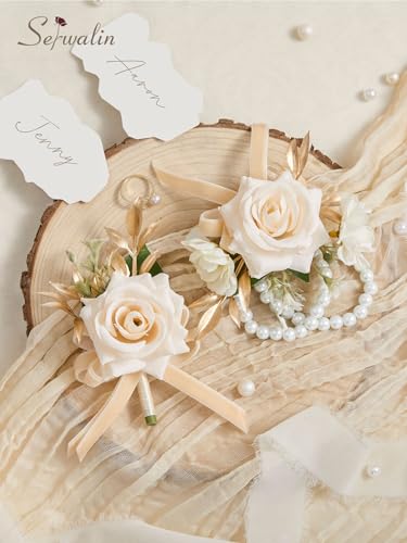 Serwalin Champagne Rose Corsage and Boutonniere Set, 2 Pcs Boutonniere and Wrist Corsage Wristlet Prom Flowers Wedding Ceremony Party Accessories Suit Decorations - color: Champagne, size: 1 Boutonniere & 1 Wrist Corsage - 2pcs