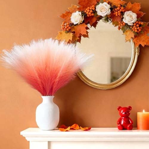TORONTOKYO Burnt Orange Pampas Grass Fall Decor, 50Pcs 21.6 inch Artificial Faux Pompas Grass Small Fluffy Arrangement for Wedding Boho Home Autumn Decor Vase Filler - color: Orange, size: 21.6inch-50Pcs