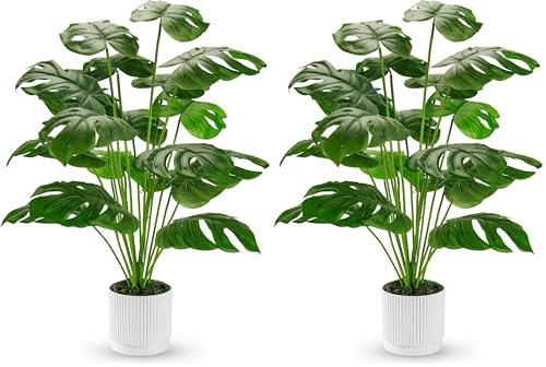 Der Rose 28" Fake Plants Large Artificial Monstera Faux Potted Plants Indoor Tall for Outdoor Living Room House Floor Front Porch Tree Decor (Pack of 2) - size: 28" (Pack of 2)
