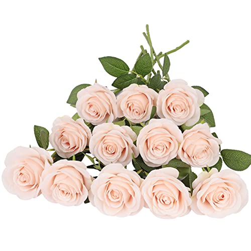 JUSMAI 12pcs Roses Artificial Flowers Pink Fake Roses Flowers with Long Stems Silk Flowers for Wedding Bouquet Centerpices Decorations Party Bridal Baby Shower Home Decor - color: Blush, size: 12PCS