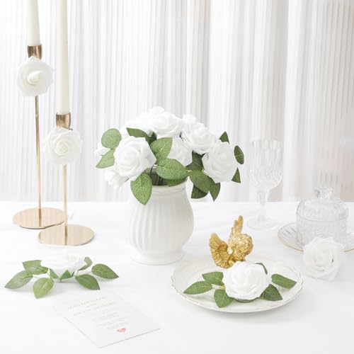 DerBlue 60pcs Artificial Roses Flowers with stem and 10pcs Green Leaves Real Looking Fake Roses Artificial Foam Roses Decoration DIY for Wedding,Arrangements Party Home Decorations - color: White