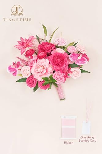 TINGE TIME 11 Inch Wedding Bouquets for Bride，HotPink Artificial Flowers Bouquet， Brides & Bridesmaids Bouquet for Wedding Anniversary Ceremony Bridal Shower Decorations - color: Hot Pink